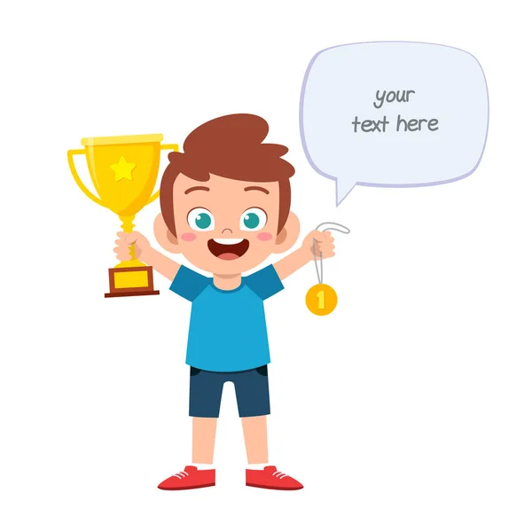 Happy cute little kid boy holding trophy — Stock Vector