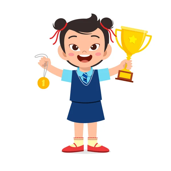 Feliz bonito menina criança segurando troféu — Vetor de Stock
