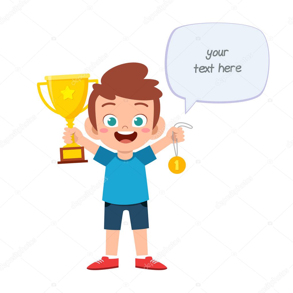 happy cute little kid boy holding trophy