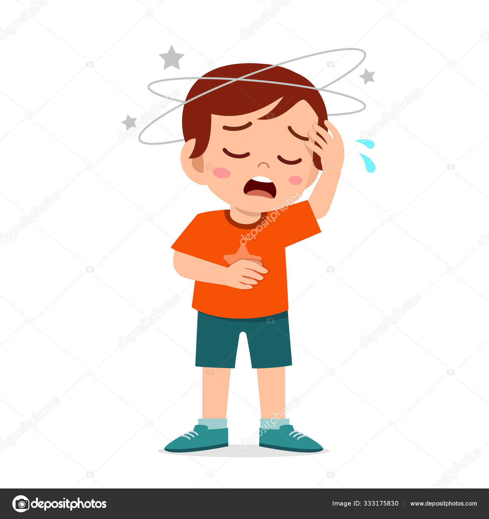 Desenho animado menino obter má dor de cabeça imagem vetorial de