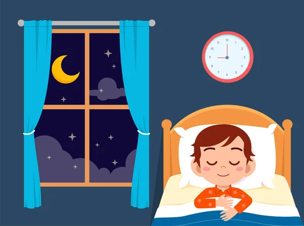 Happy cute little boy sleep in bed room — Stock Vector