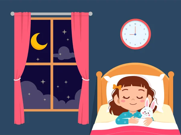 Feliz linda niña dormir en la cama habitación — Archivo Imágenes Vectoriales