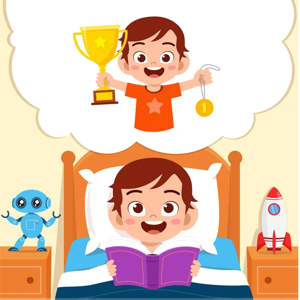 Happy cute little kid boy read book and dreaming — 스톡 벡터