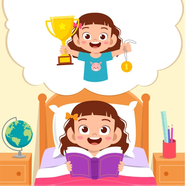 Happy cute little kid girl read book and dreaming — 스톡 벡터