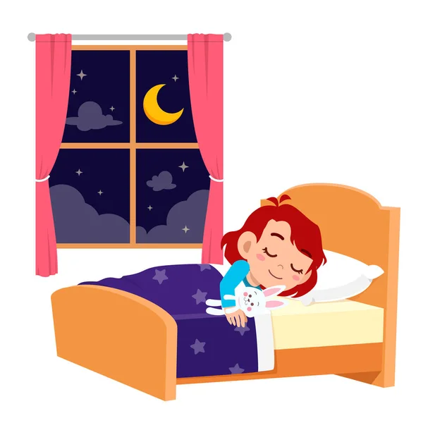 Ευτυχισμένο χαριτωμένο κοριτσάκι κοιμάται το βράδυ — Διανυσματικό Αρχείο