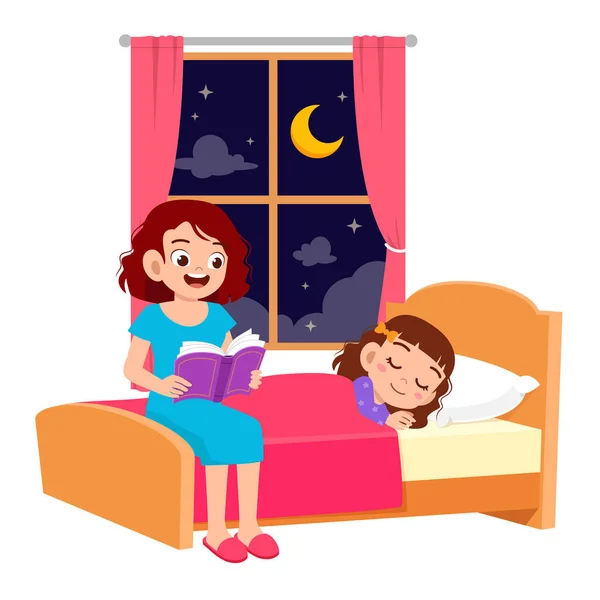 Feliz mamá contar historia en cama habitación a hija — Vector de stock