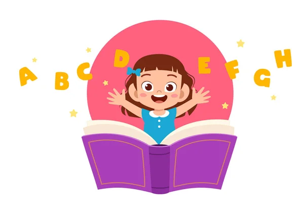 Happy cute little kid girl with book and letter — 스톡 벡터