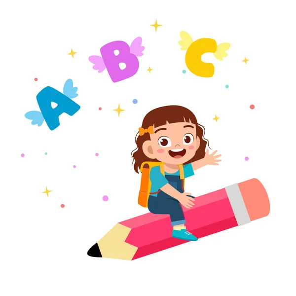 Happy cute little kid girl fly with pencil — Stock Vector