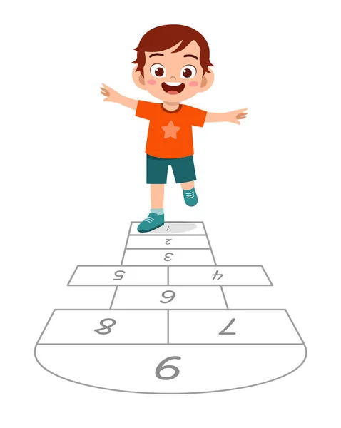 Glücklich niedlichen kleinen Jungen spielen hopscotch — Stockvektor