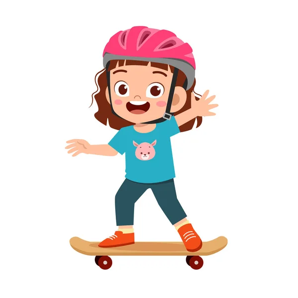 Happy cute little kid girl play skateboard — 스톡 벡터