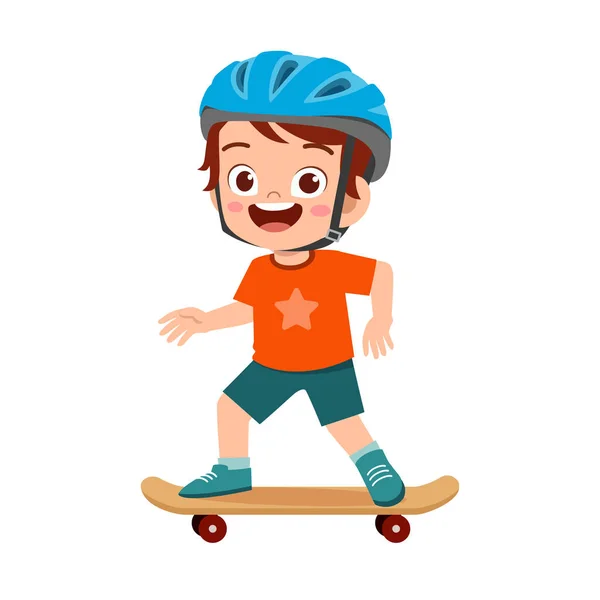 Щасливий милий маленький хлопчик грає в скейтборд — стоковий вектор