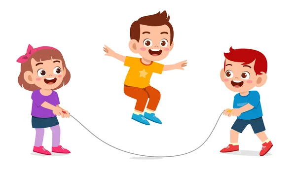 Feliz lindo niño chico y chica jugar saltar cuerda — Archivo Imágenes Vectoriales
