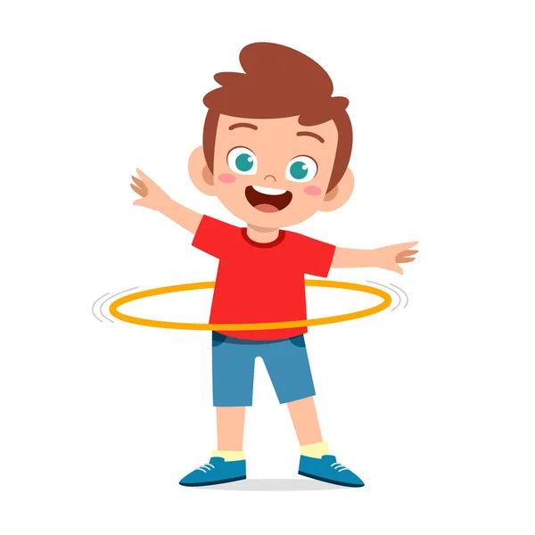Happy cute little kid boy play hula hoop — 스톡 벡터