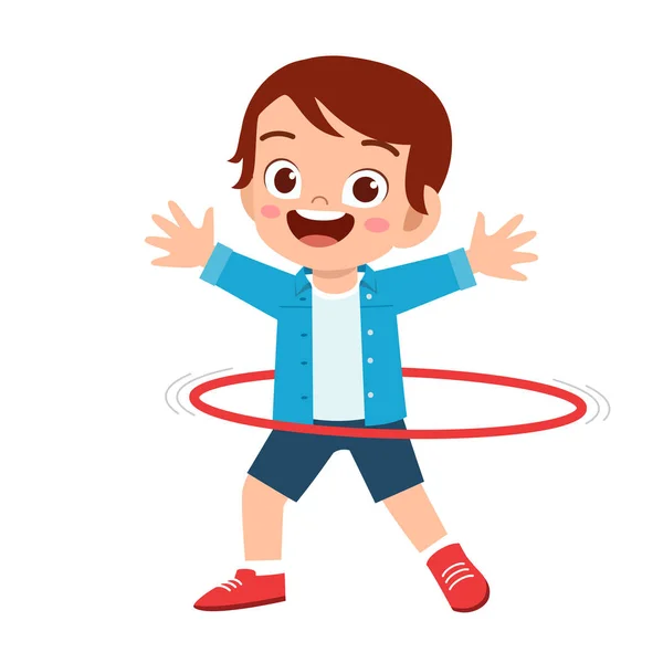 Happy cute little kid boy play hula hoop — 스톡 벡터