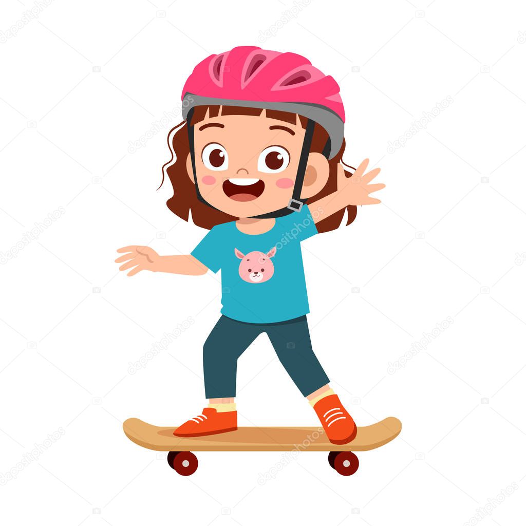 happy cute little kid girl play skateboard