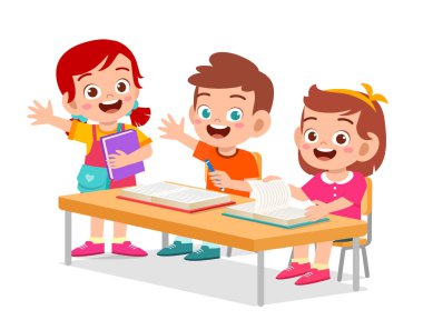 Mutlu küçük çocuklar, erkek ve kız ders çalışıyor.
