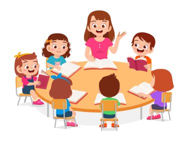 Mutlu küçük çocuklar, erkek ve kız öğretmenle ders çalışıyor.