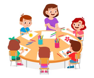 happy cute little kids boy and girl draw with teacher