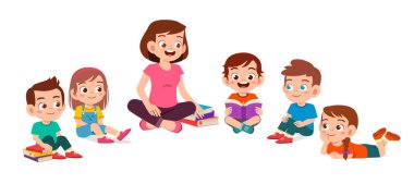 Mutlu küçük çocuklar, erkek ve kız öğretmenle ders çalışıyor.