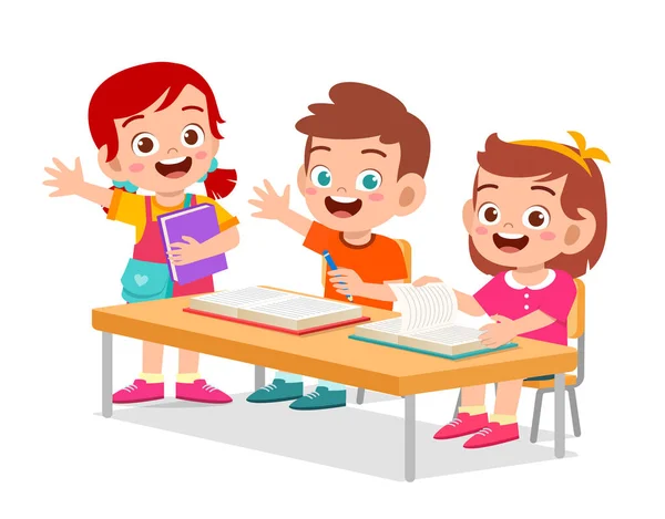 Happy cute little kids boy and girl study — 图库矢量图片