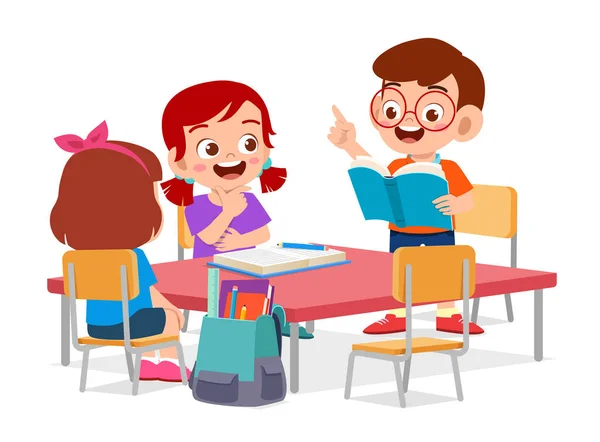 Χαρούμενα χαριτωμένα παιδάκια, αγόρι και κορίτσι σπουδάζουν. — Διανυσματικό Αρχείο