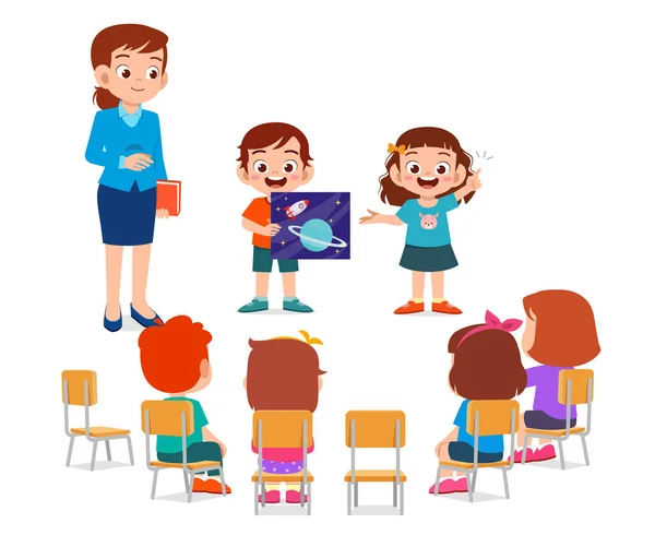 Feliz lindo niños niño y niña estudio con profesor — Vector de stock