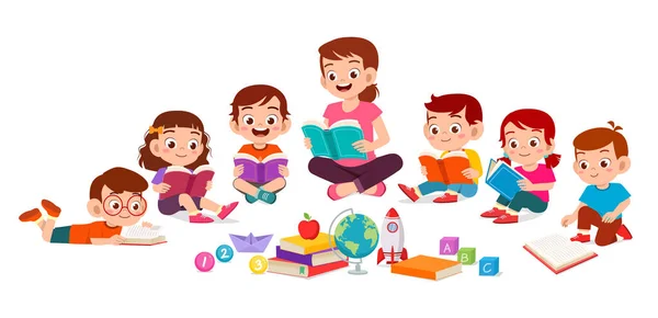 Χαρούμενα χαριτωμένα παιδάκια, αγόρι και κορίτσι σπουδάζουν με δάσκαλο. — Διανυσματικό Αρχείο