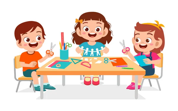 Happy cute little kids boy and girl make paper craft — 图库矢量图片