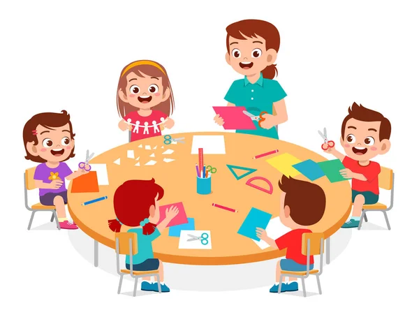 Glücklich niedliche kleine Kinder Jungen und Mädchen machen Papierbasteln mit Lehrer — Stockvektor