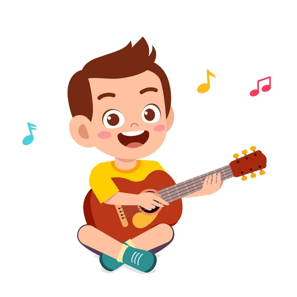 Menino pequeno bonito feliz tocar guitarra —  Vetores de Stock