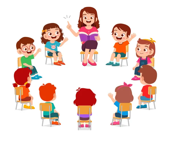 Happy cute little kids boy and girl study with teacher — Stock Vector
