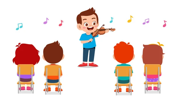 Happy cute little boy play violin in class — Stock vektor