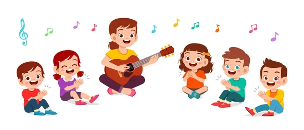Счастливые дети мальчик и девочка поют песню с учителем — стоковый вектор