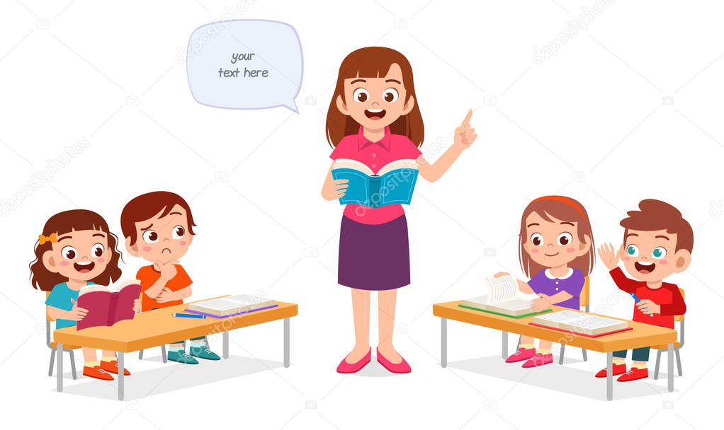 happy cute little kids boy and girl study with teacher