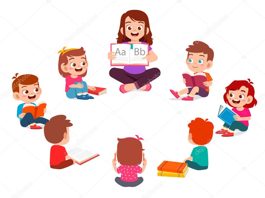 happy cute little kids boy and girl study with teacher
