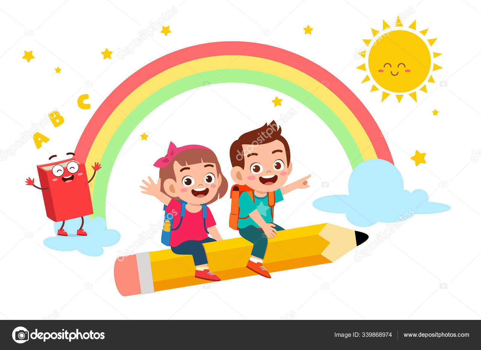 Happy Cute Little Kid Boy And Girl Go To School Stock Vector Image By C Colorfuelstudio