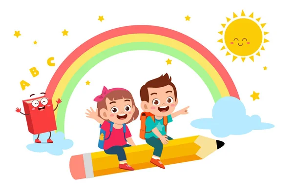 Щасливий милий маленький хлопчик і дівчинка йдуть до школи — стоковий вектор