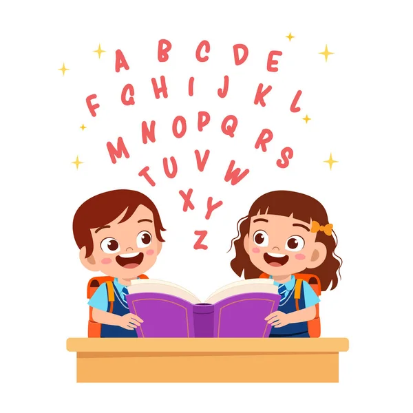 Szczęśliwy słodkie chłopiec i dziewczyna uczyć się alfabetu — Wektor stockowy