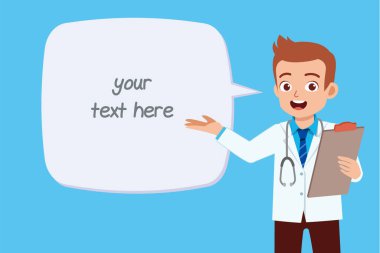 Mutlu şirin genç doktor. Mesaj şablonu.