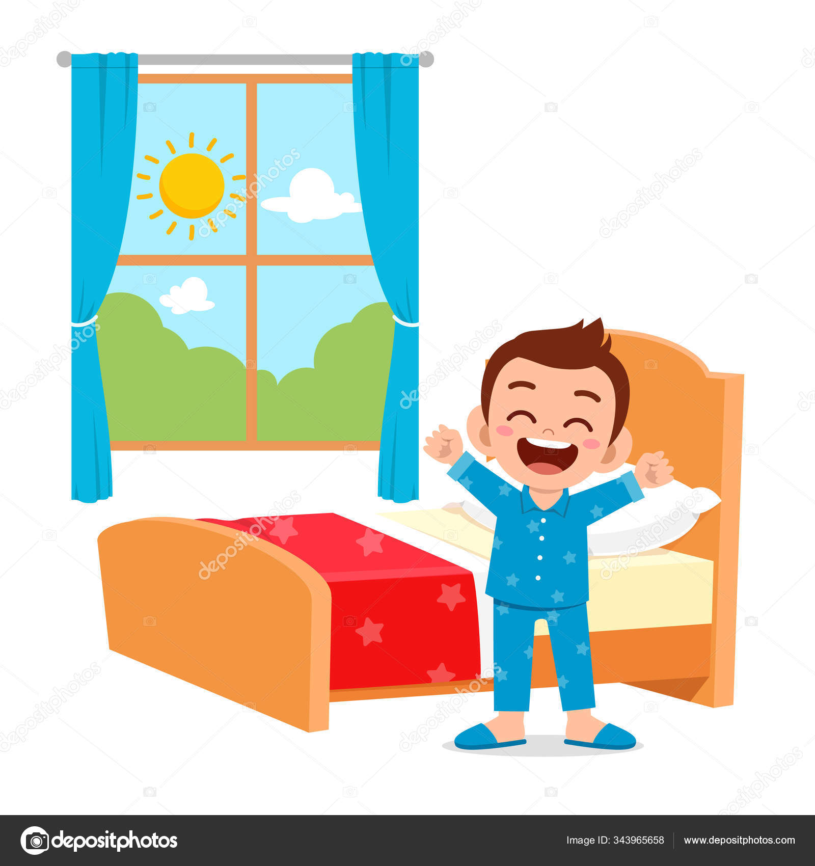 Happy cute little kid boy wake up in the morning Stock Vector Image by