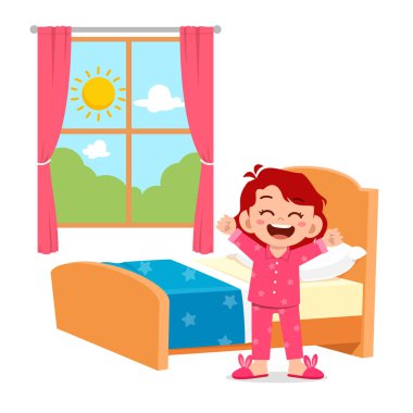 happy cute little kid girl wake up in the morning clipart