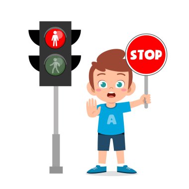 Trafik işaretli mutlu şirin çocuk.