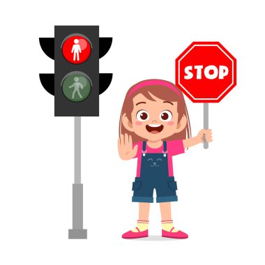 Trafik işaretli mutlu şirin kız.