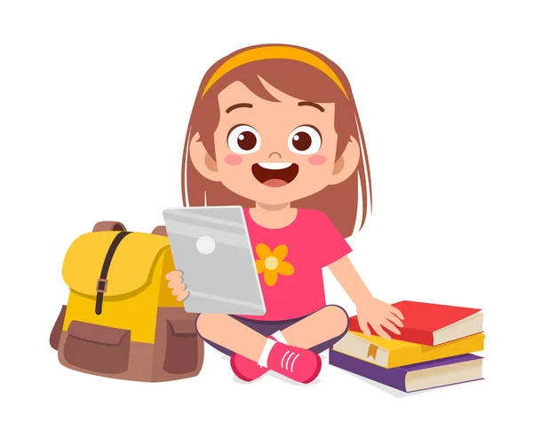 Pequeno menino bonito feliz estudo usando tablet —  Vetores de Stock