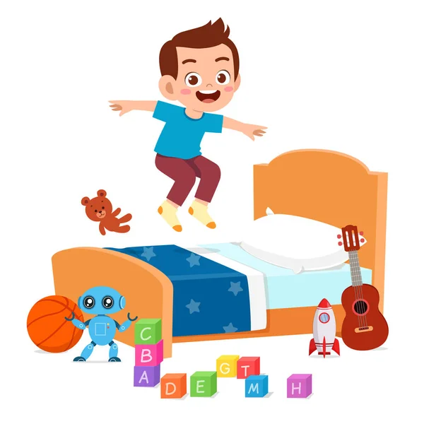 Happy cute little kid boy jump on bed — Stock Vector