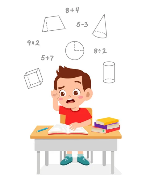 Mutlu küçük çocuk matematik çalışıyor. — Stok Vektör