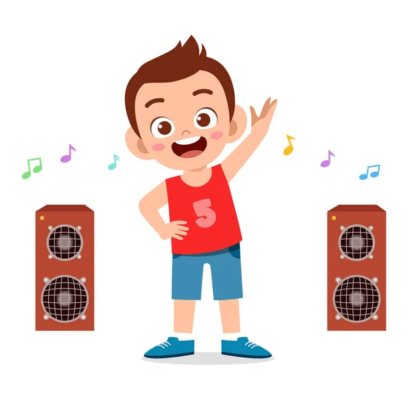 Щасливий милий маленький хлопчик тренується з прослуховуванням музики — стоковий вектор