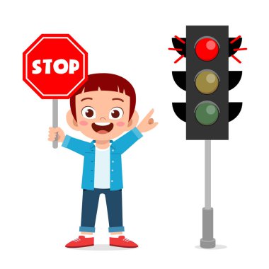 Trafik işaretli mutlu şirin çocuk.