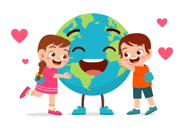 Happy cute little kids boy and girl love earth — Stock Vector