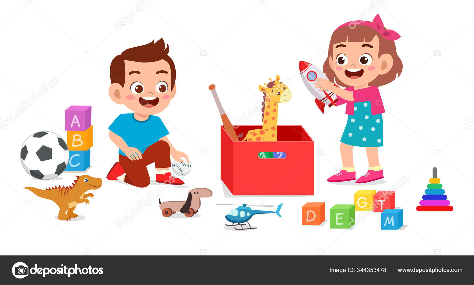 Feliz lindo nino nino y nina jugando con juguetes Vector de stock 344353478 de colorfuelstudio